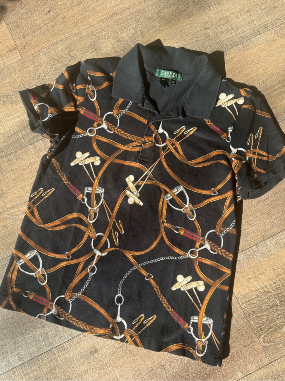 Lauren Ralph Lauren Equestrian Horsebit Print Polo Shirt Black Size PM